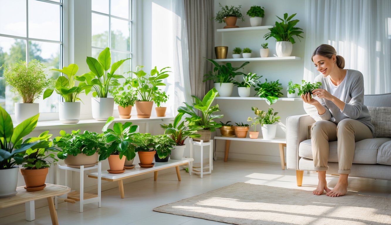 A person in a bright living room surrounded by various healthy indoor plants near windows with natural light.