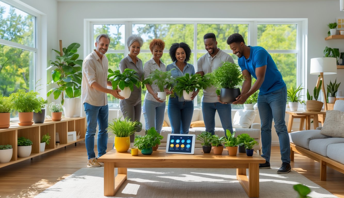 Homeowners placing healthy potted plants in a bright living room with large windows and eco-friendly decor.