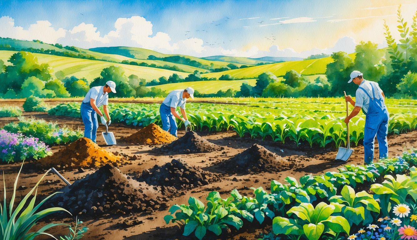 A field with healthy crops growing in dark soil, agronomists examining soil and applying natural fertilizers under a clear sky.