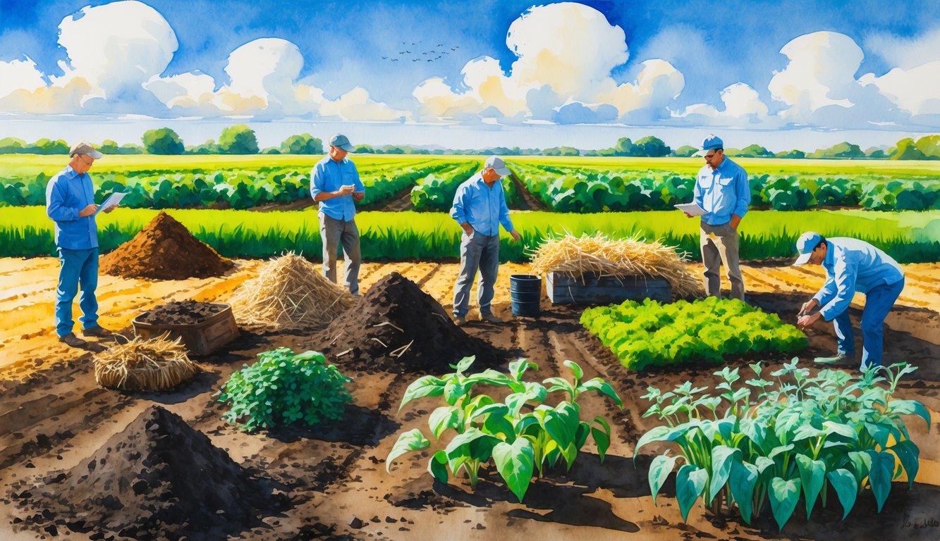 A colorful scene of farmers working in a healthy field with rich soil and various natural materials used to improve soil quality.