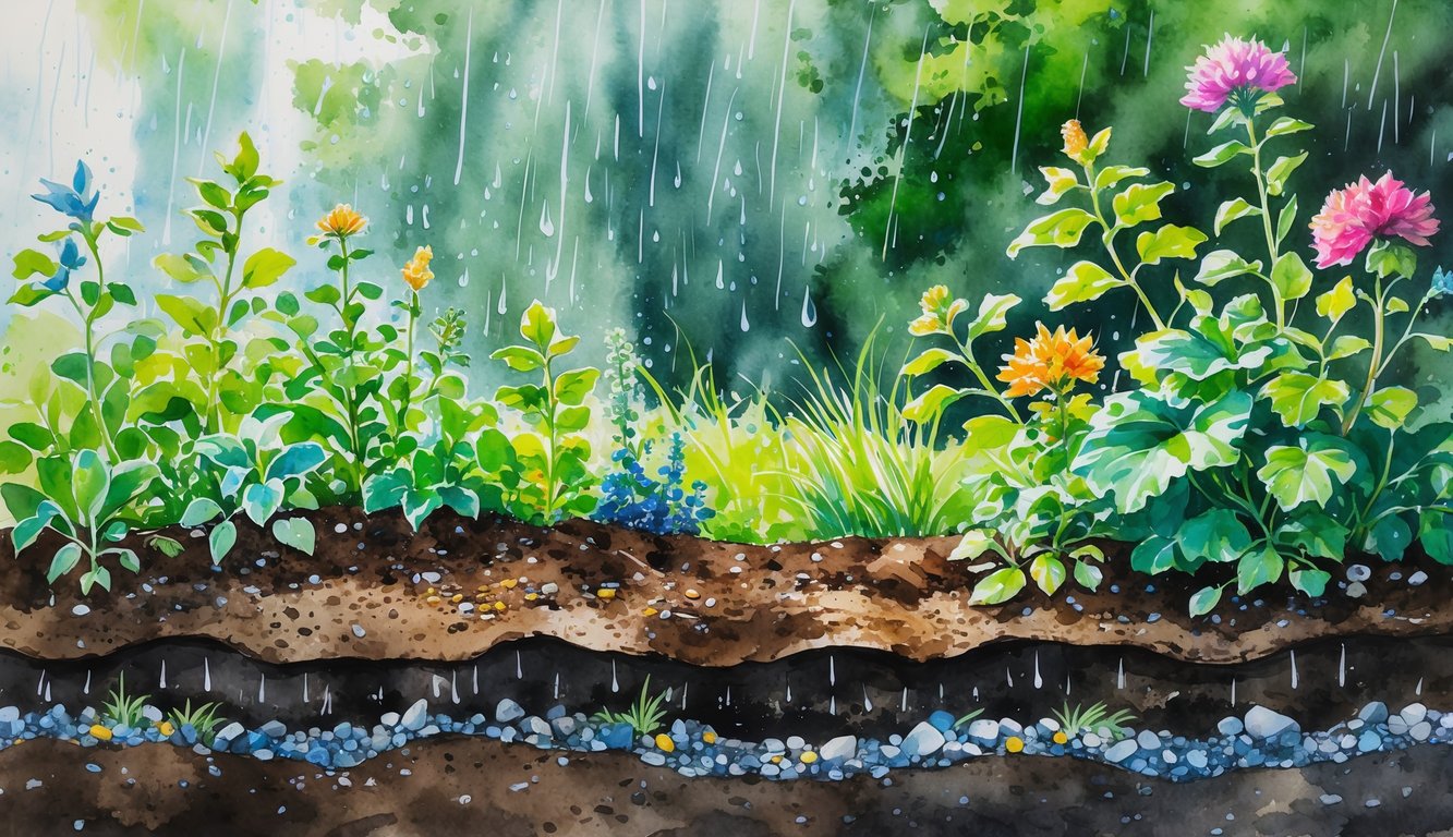 A garden scene showing rich soil with healthy plants growing and gentle rain falling.
