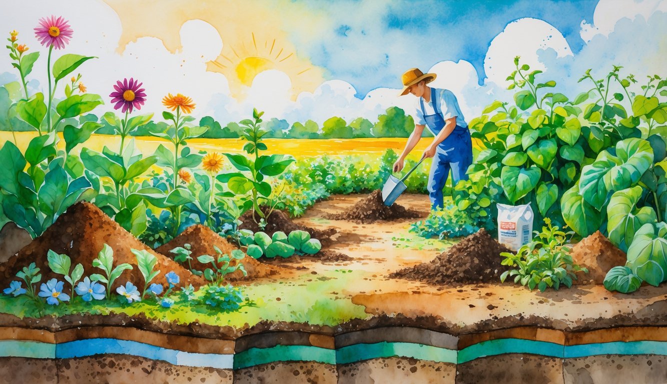 A garden scene showing healthy plants growing in rich soil with a gardener applying natural soil amendments.