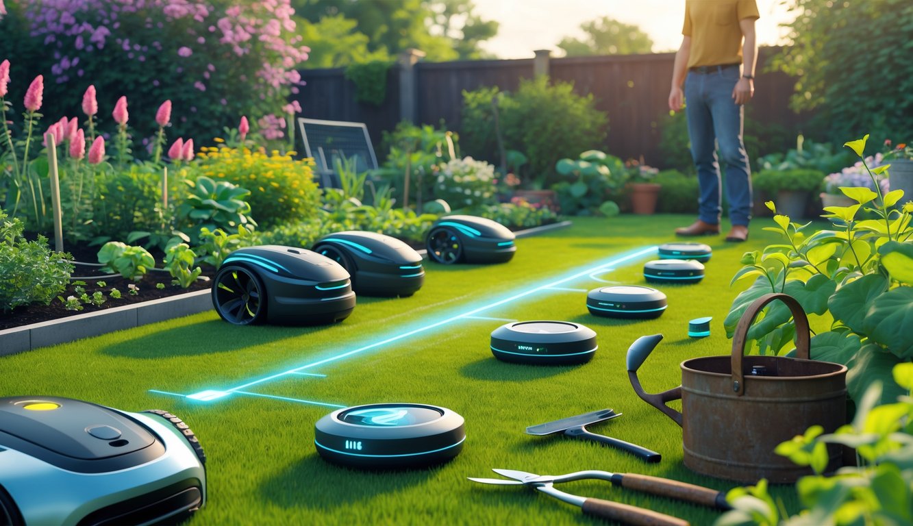 A garden scene showing new high-tech gardening gadgets working alongside unused traditional tools with a gardener observing.