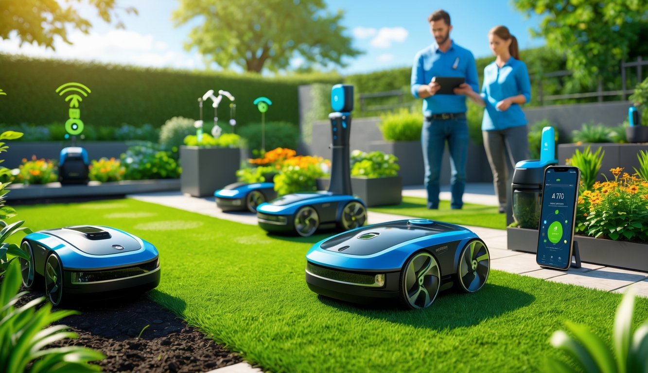 A garden with modern robotic lawn mowers and smart sprinklers working on a green lawn while a gardener watches with a tablet.