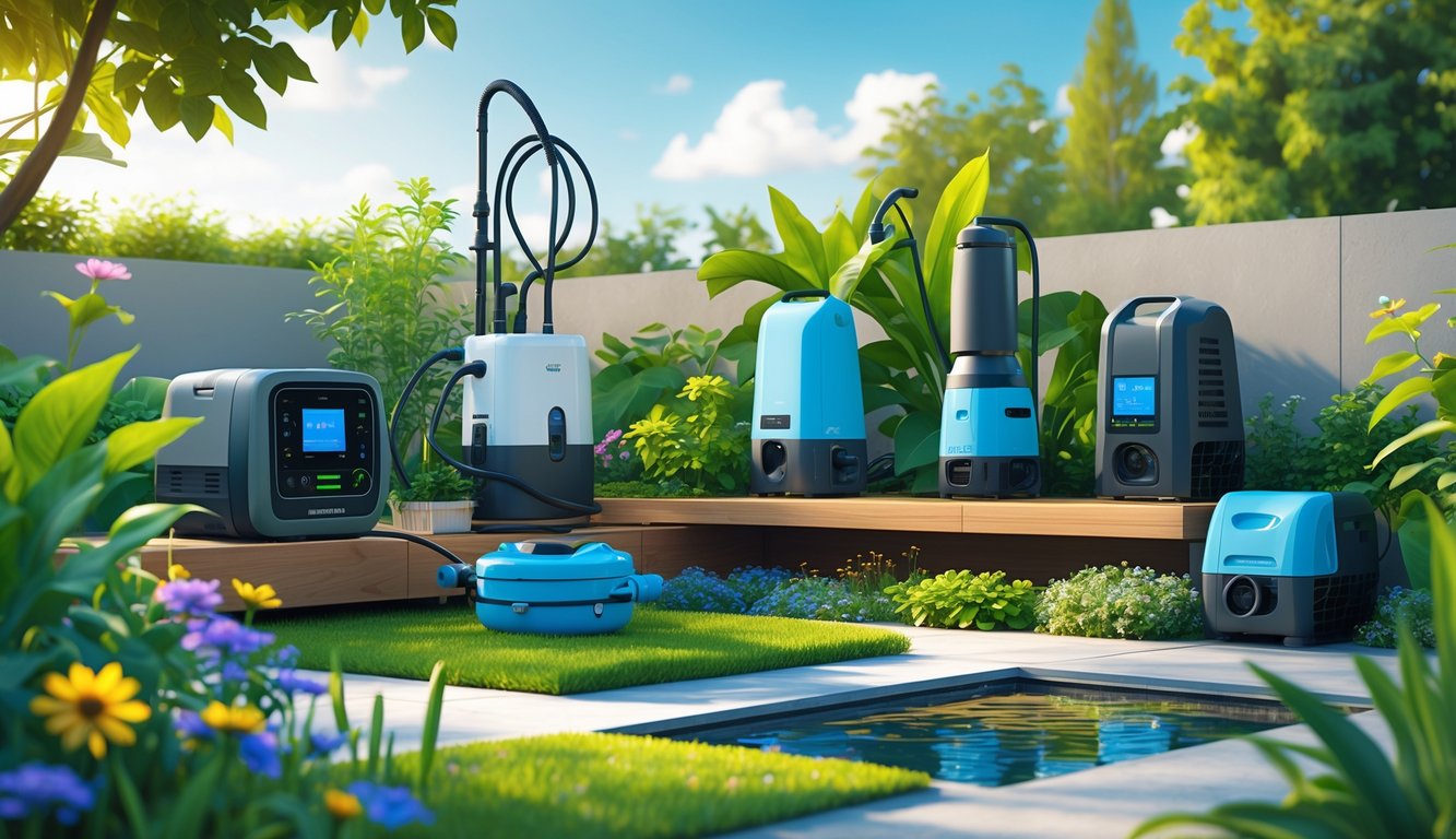 A garden scene featuring various modern water management gadgets like smart irrigation systems, water pumps, sprinklers, and rainwater collectors arranged among plants and flowers.