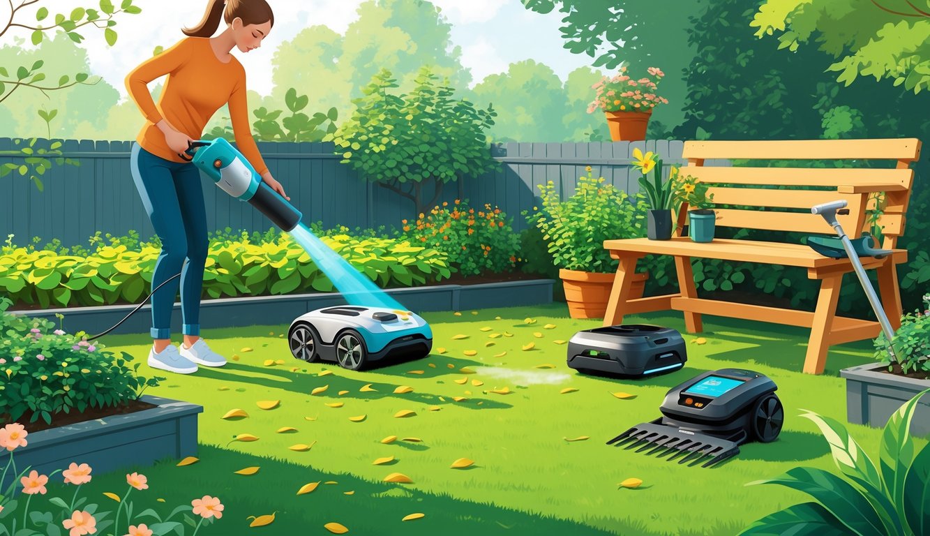 A person using modern garden gadgets like a leaf blower and robotic lawn mower in a tidy garden with flower beds and shrubs, surrounded by various gardening tools on a bench.