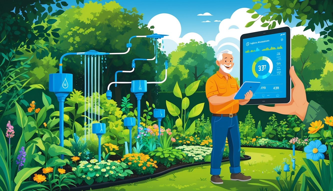 A garden owner checking a tablet near automated sprinklers watering a thriving garden with healthy plants and flowers.