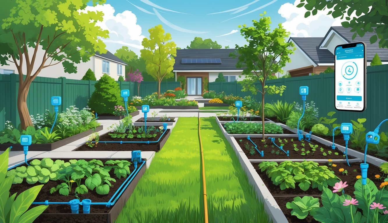 A garden with various plants and lawns being watered by smart irrigation systems, showing a homeowner using a smartphone to control the watering.