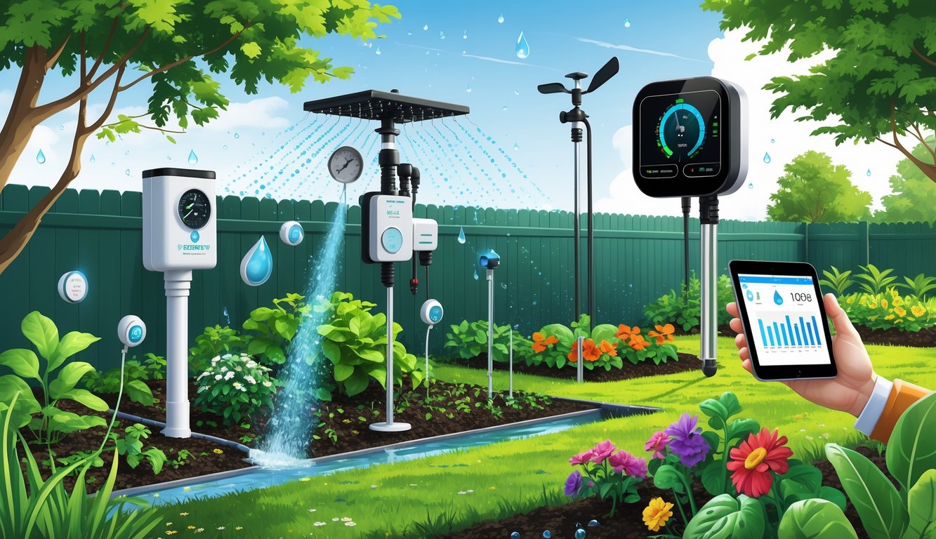 A garden with automated sprinklers, soil sensors, a weather station, and a person checking a tablet showing water usage, illustrating a smart irrigation system saving water.
