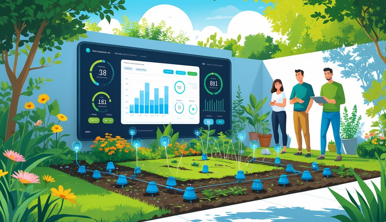 A garden with plants being watered by smart irrigation sprinklers and sensors, with people monitoring water usage on a tablet.