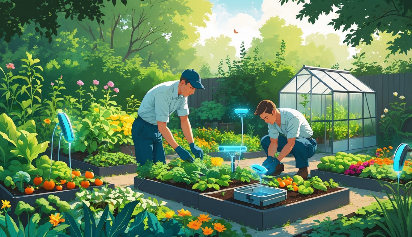 Garden engineers quietly inspecting pest deterrent devices among healthy plants and flowers in a vibrant garden.