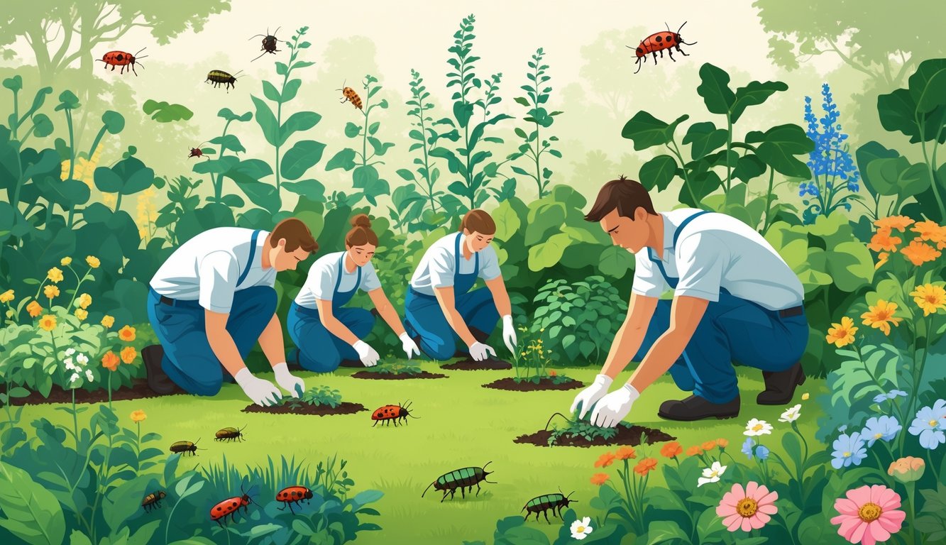 Garden engineers installing eco-friendly pest deterrent devices among healthy plants and common garden pests in a vibrant garden.