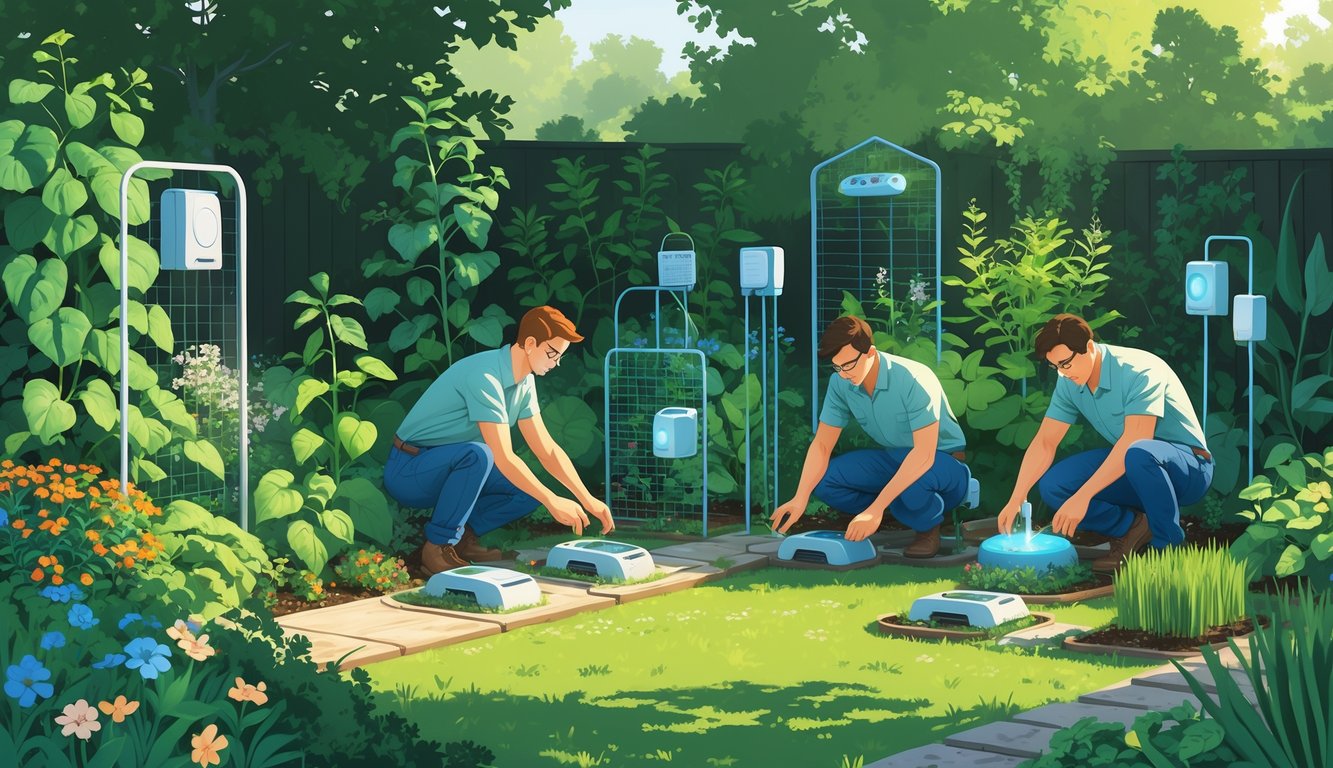 Garden engineers installing eco-friendly pest deterrent devices in a thriving garden with plants and vegetables.