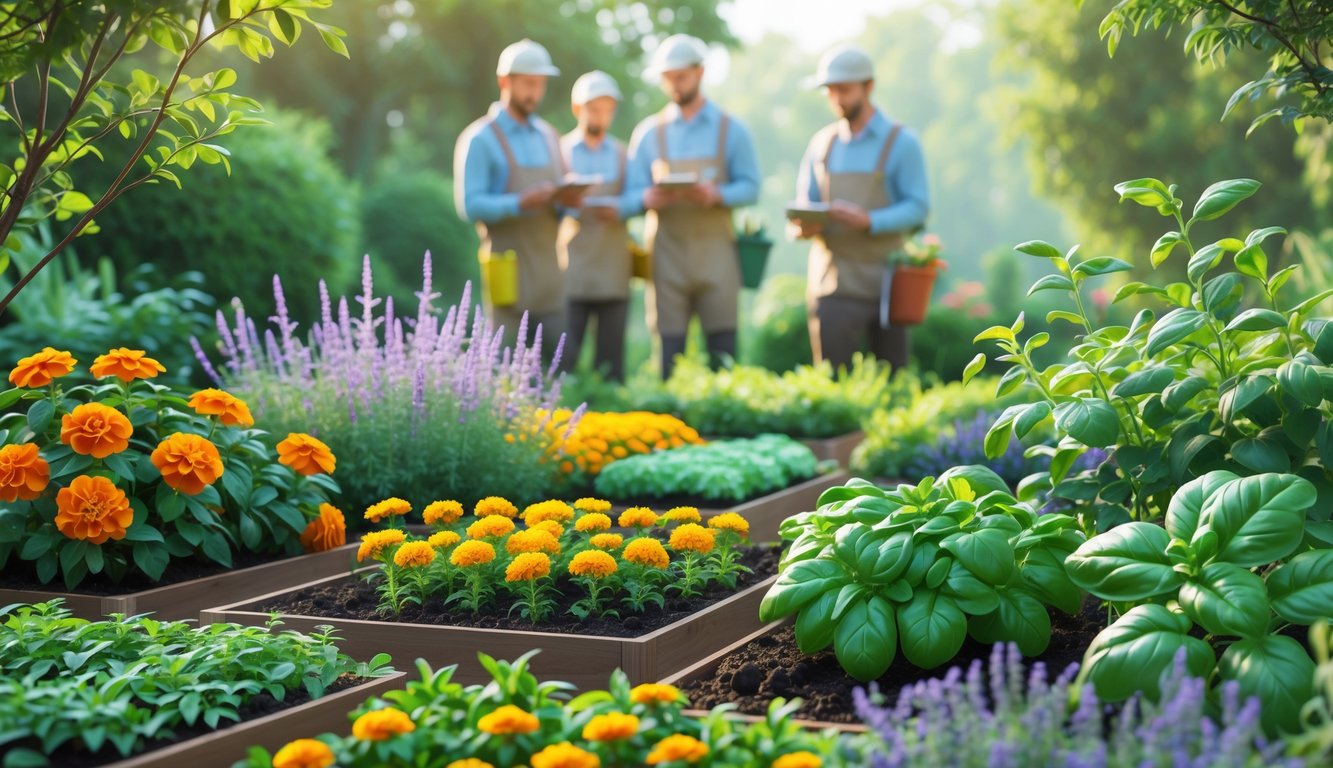 A garden with various pest-repellent plants and garden engineers quietly working among the plants.